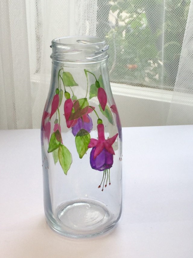 Fuchsia and butterfly design milk bottle vase