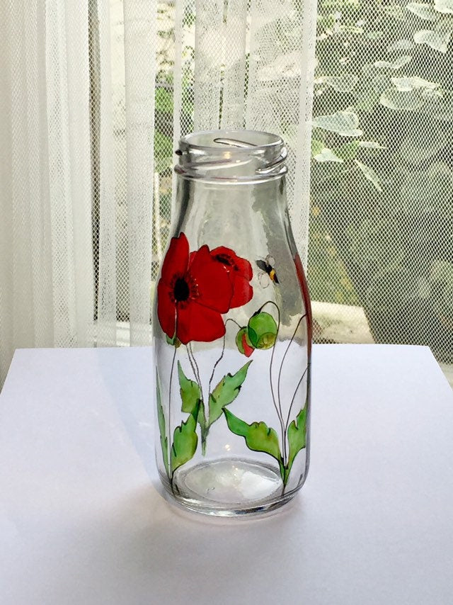 Poppies with bee design milk bottle vase