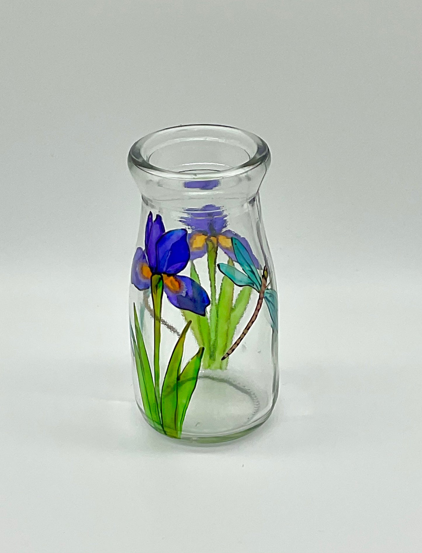 Irises and dragonfly mini bottle vase