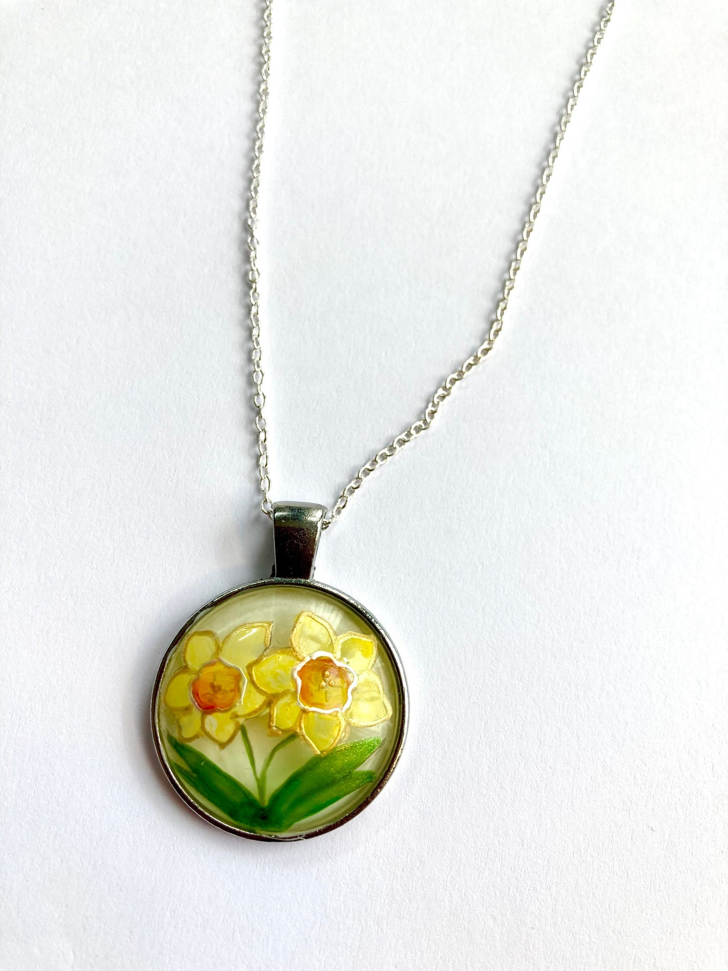 Daffodil design hand painted glass pendant necklace