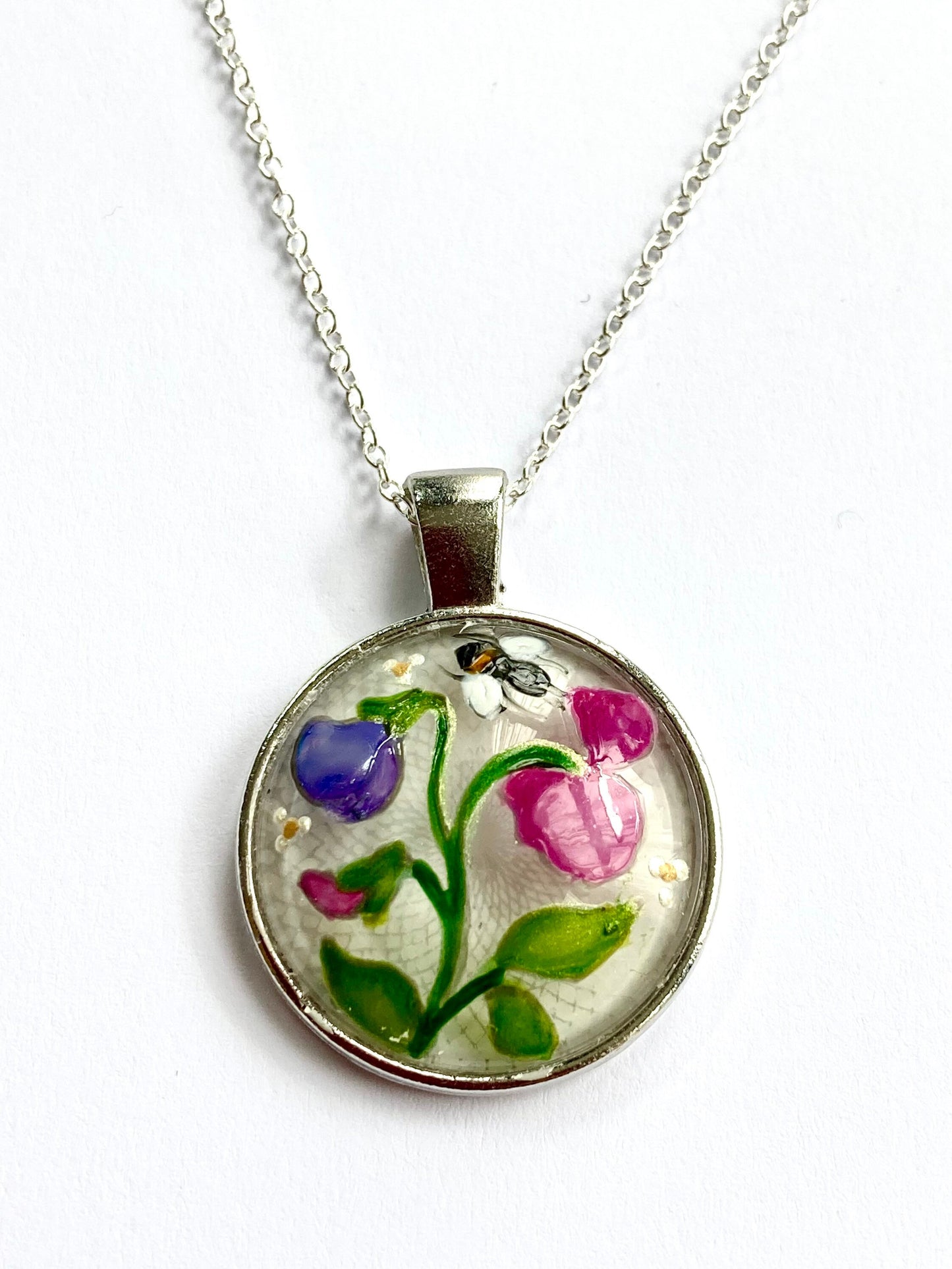 Sweet Pea and Bee hand painted glass pendant necklace