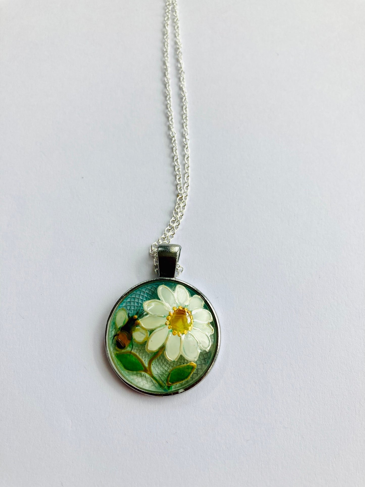 Daisy and Bee design hand painted glass pendant necklace