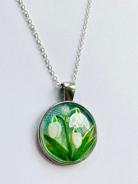 Snowdrops design hand painted glass pendant necklace