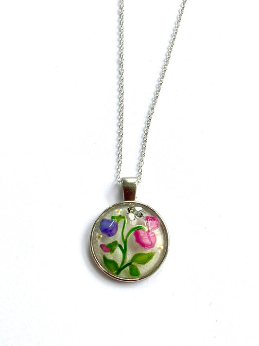 Sweet Pea and Bee hand painted glass pendant necklace