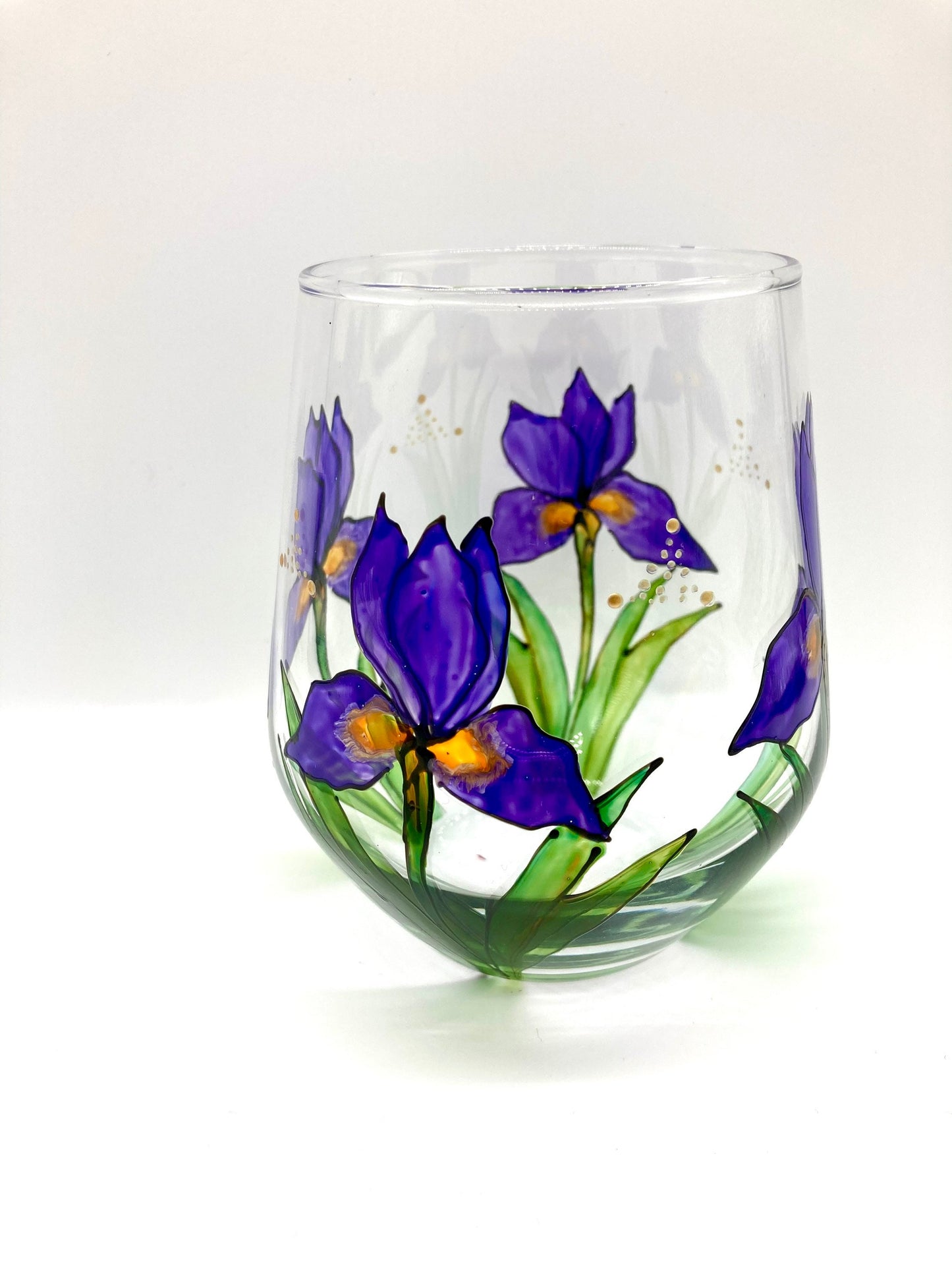 Irises large stemless wine glass