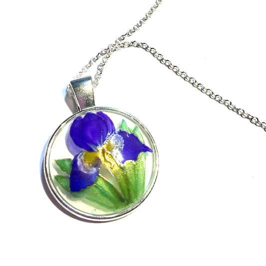 Iris hand painted glass pendant necklace