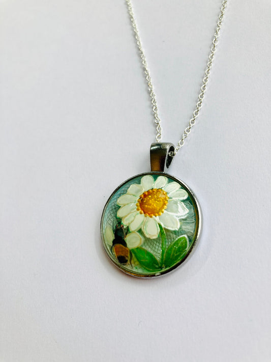 Daisy and Bee design hand painted glass pendant necklace