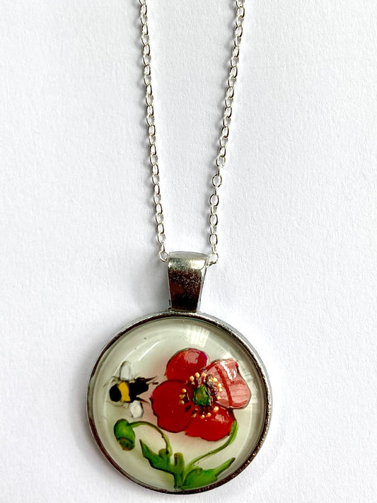Poppy and Bee hand painted glass pendant necklace