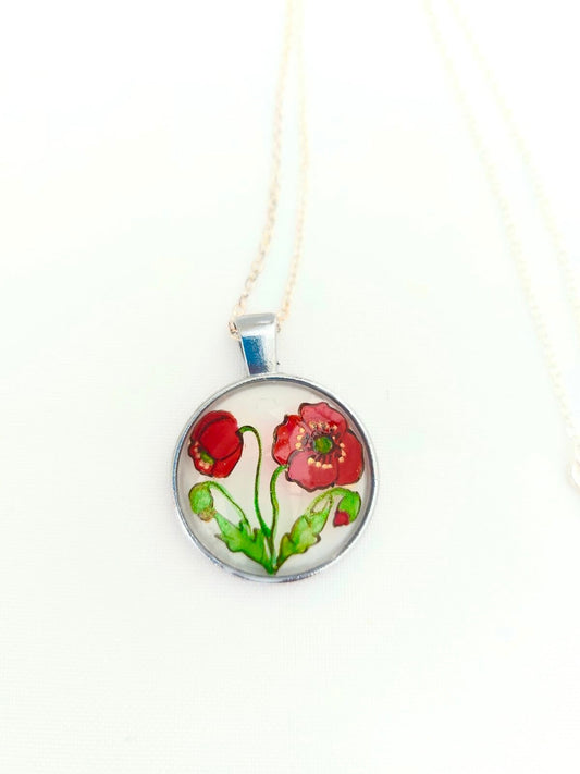 Poppy hand painted glass pendant necklace