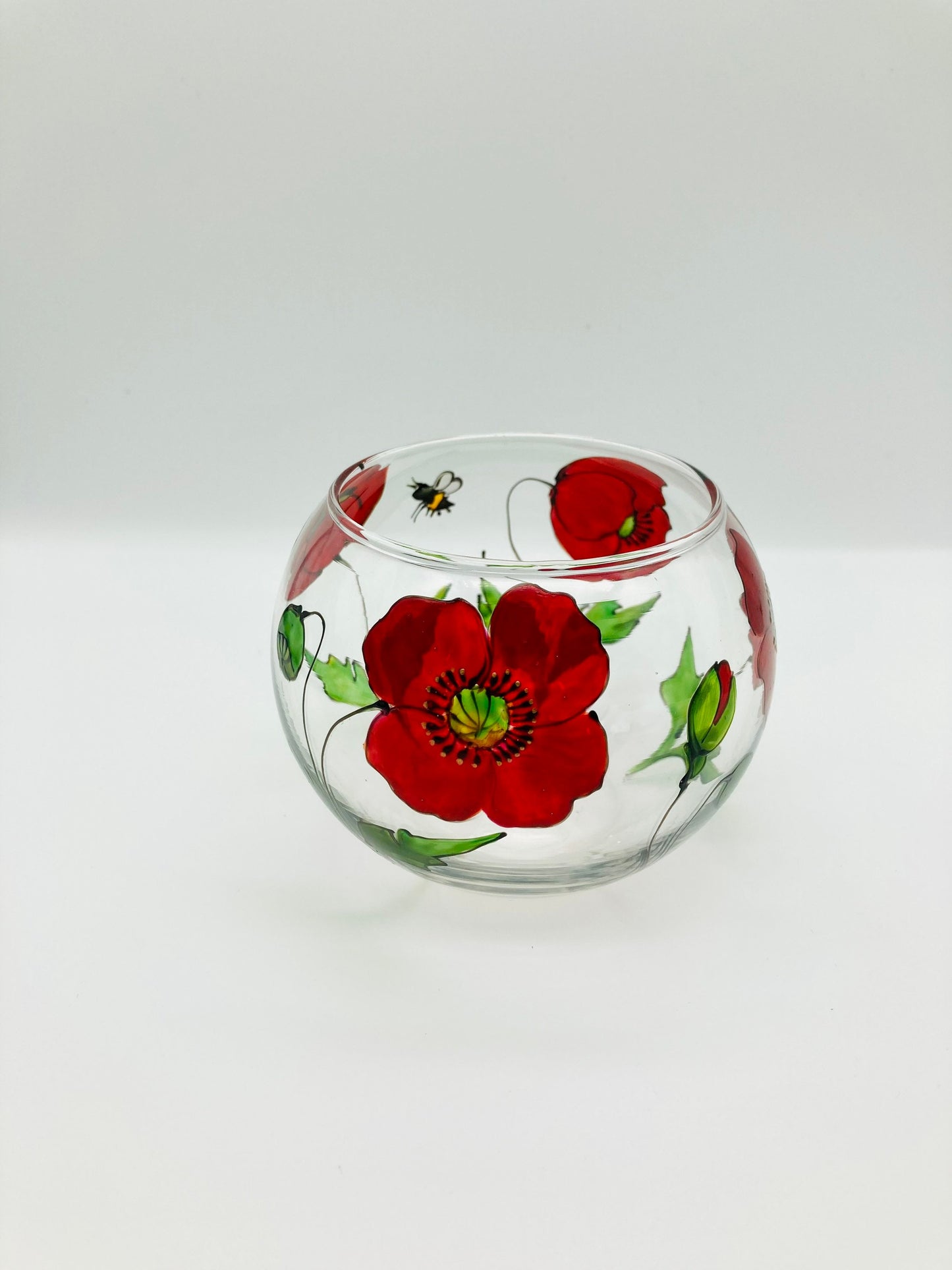 Poppies and Bee design bubble ball glass candle holder/vase