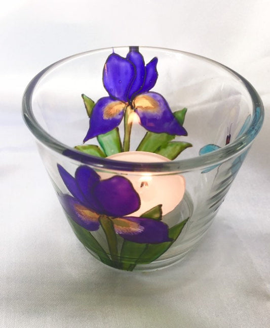 Iris and dragonfly design candle holder
