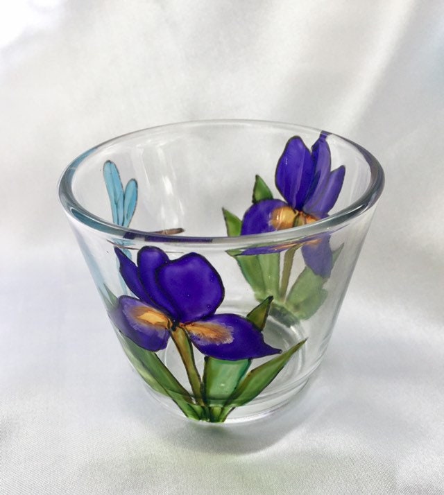 Iris and dragonfly design candle holder