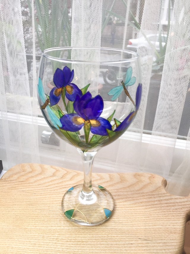 Gin glass iris and dragonflies