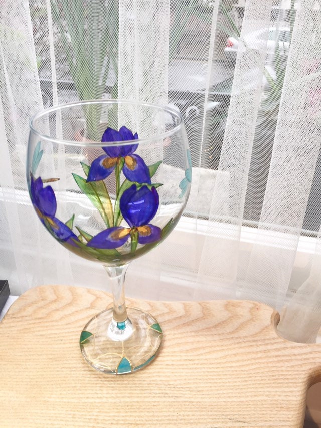 Gin glass iris and dragonflies