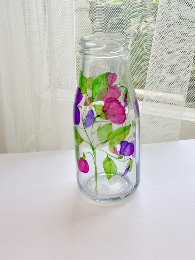 Sweet pea with bee design milk bottle vase