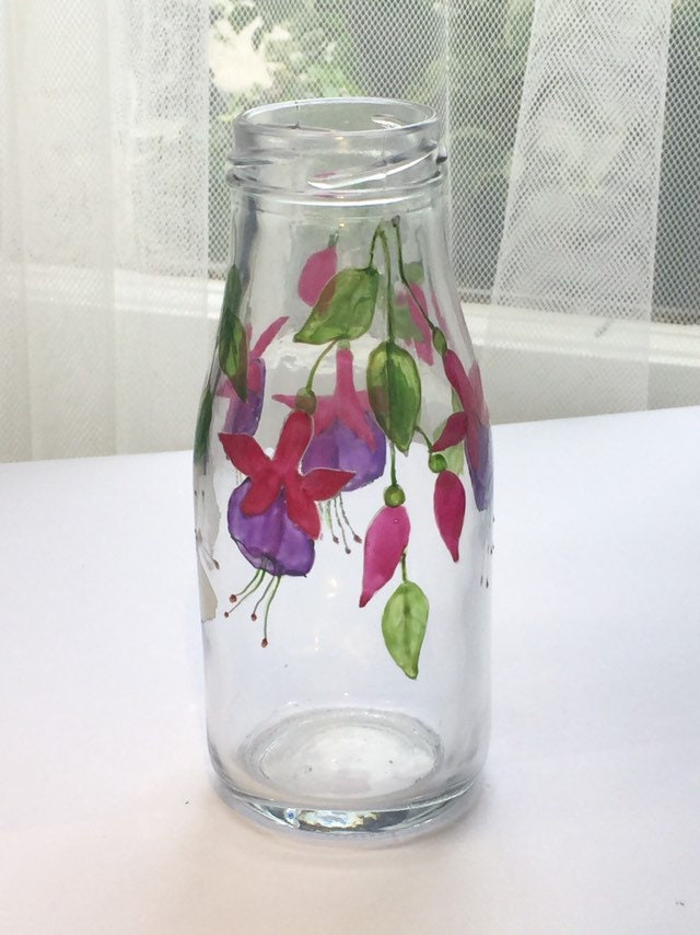 Fuchsia and butterfly design milk bottle vase