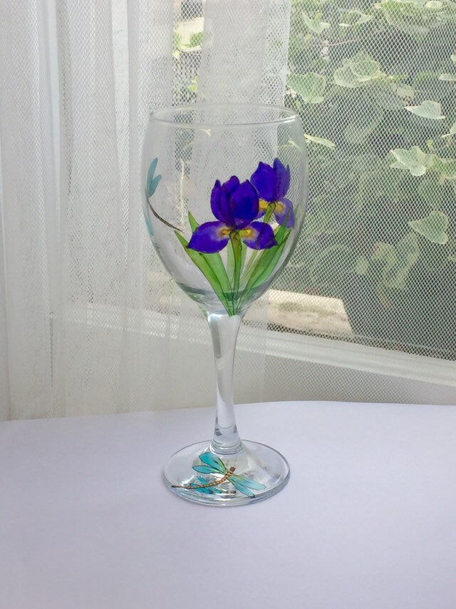 Iris and dragonfly wine glass