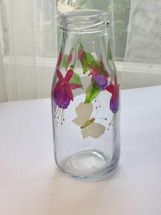 Fuchsia and butterfly design milk bottle vase