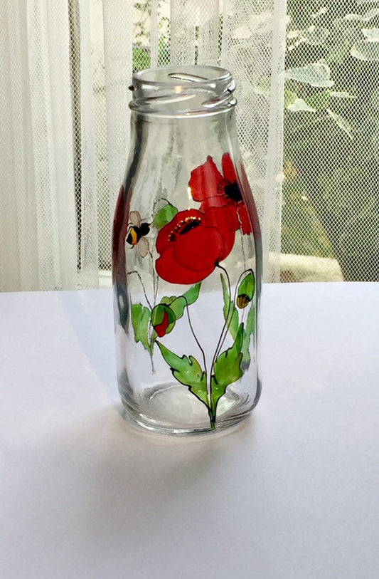 Poppies with bee design milk bottle vase