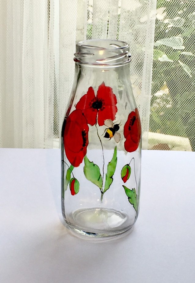 Poppies with bee design milk bottle vase