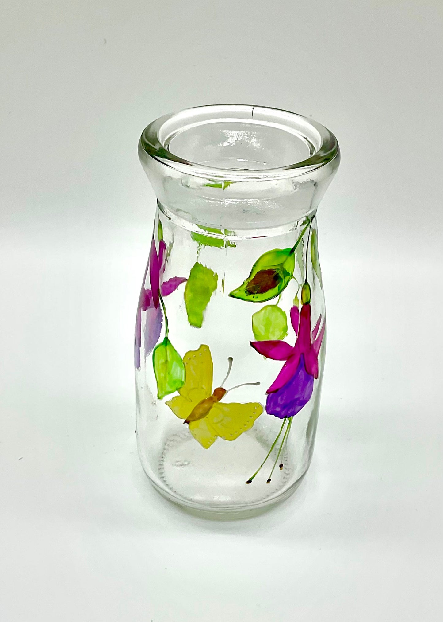 Fuchsias and butterfly mini bottle vase