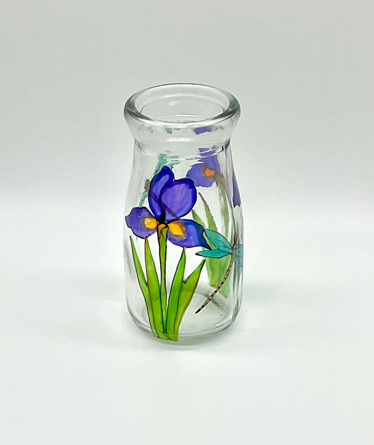 Irises and dragonfly mini bottle vase