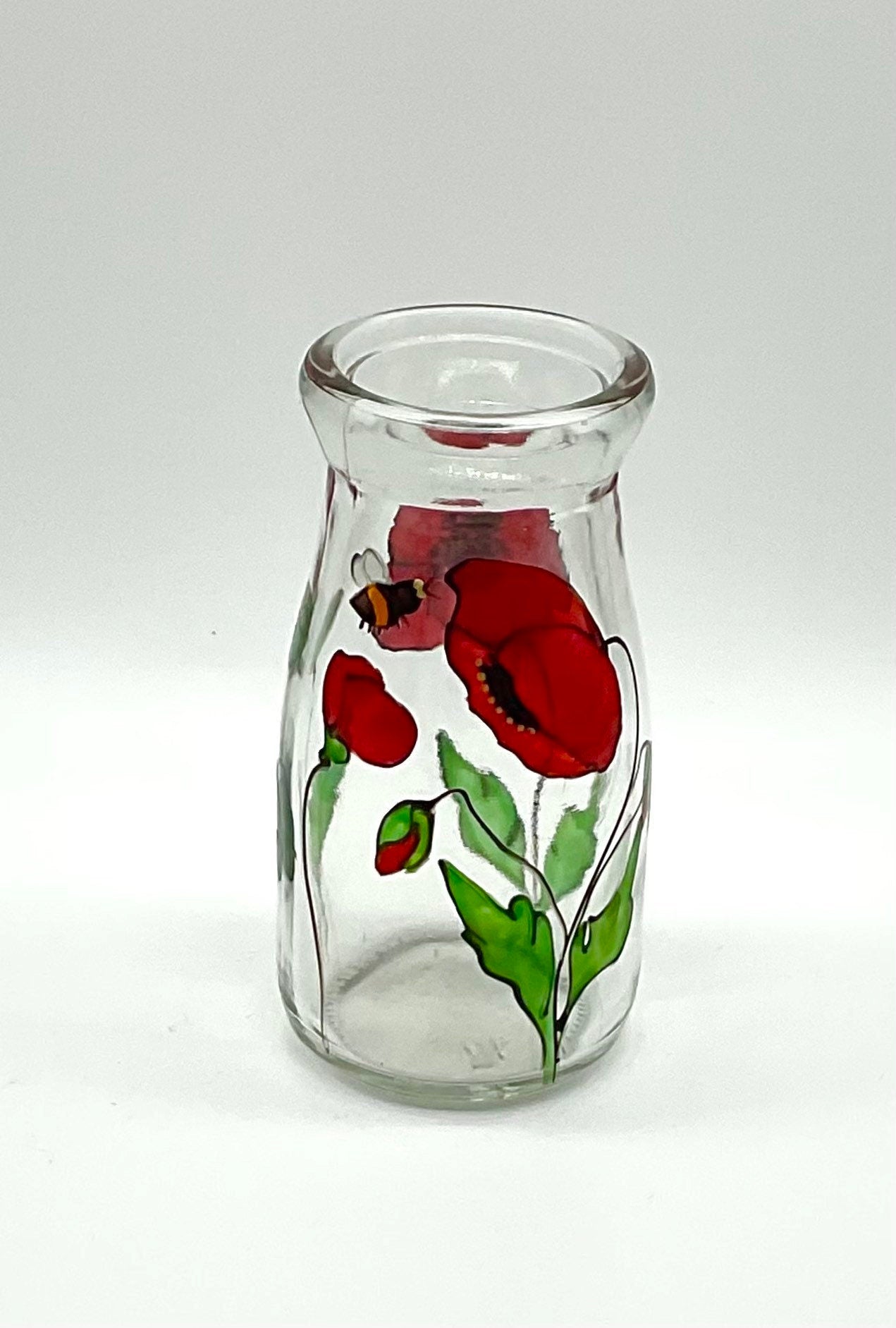 Poppies and bee mini bottle vase