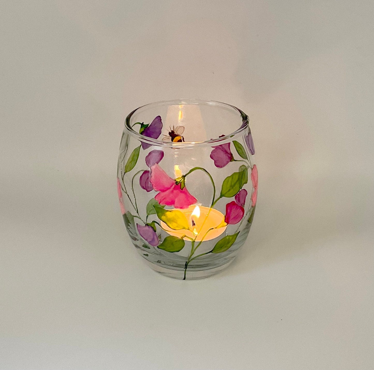 Sweet Peas and Bee design votive/candle holder