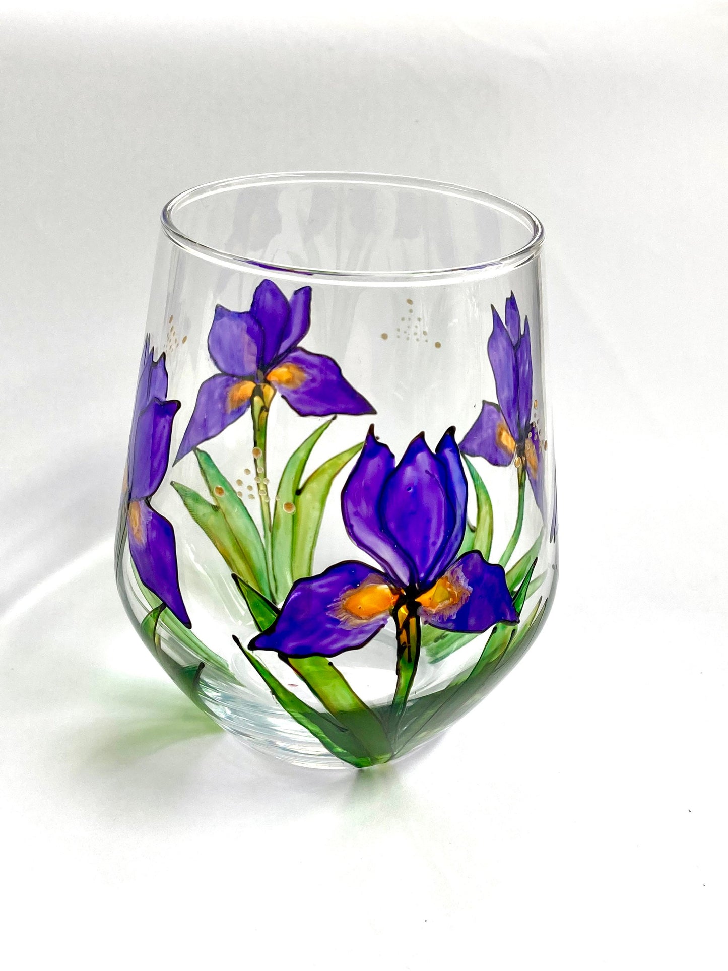 Irises large stemless wine glass
