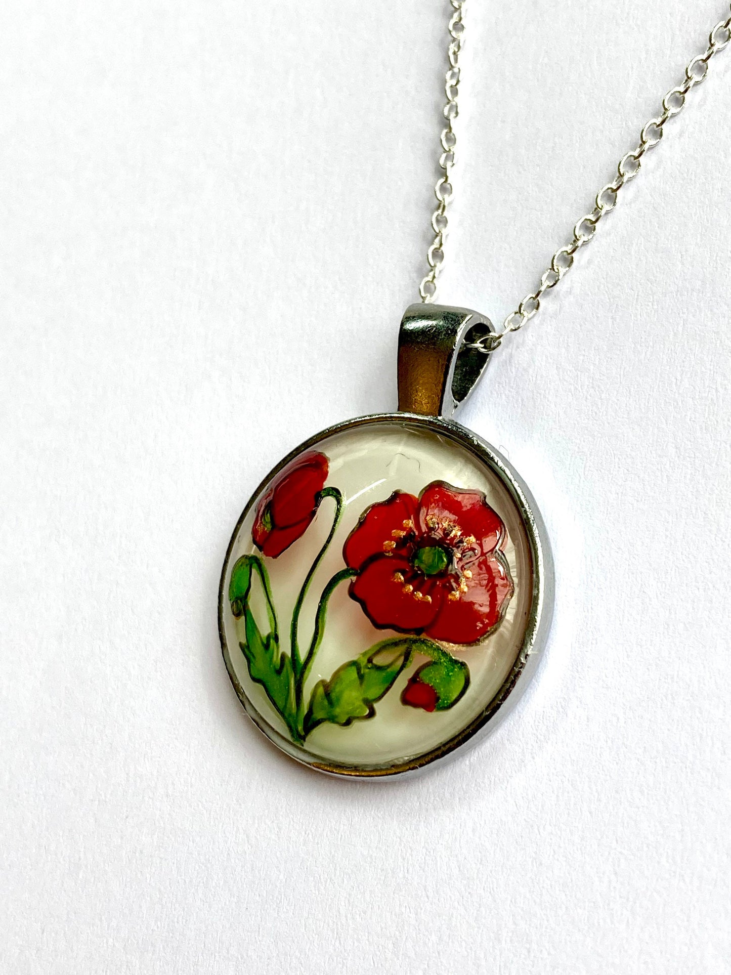 Poppy hand painted glass pendant necklace