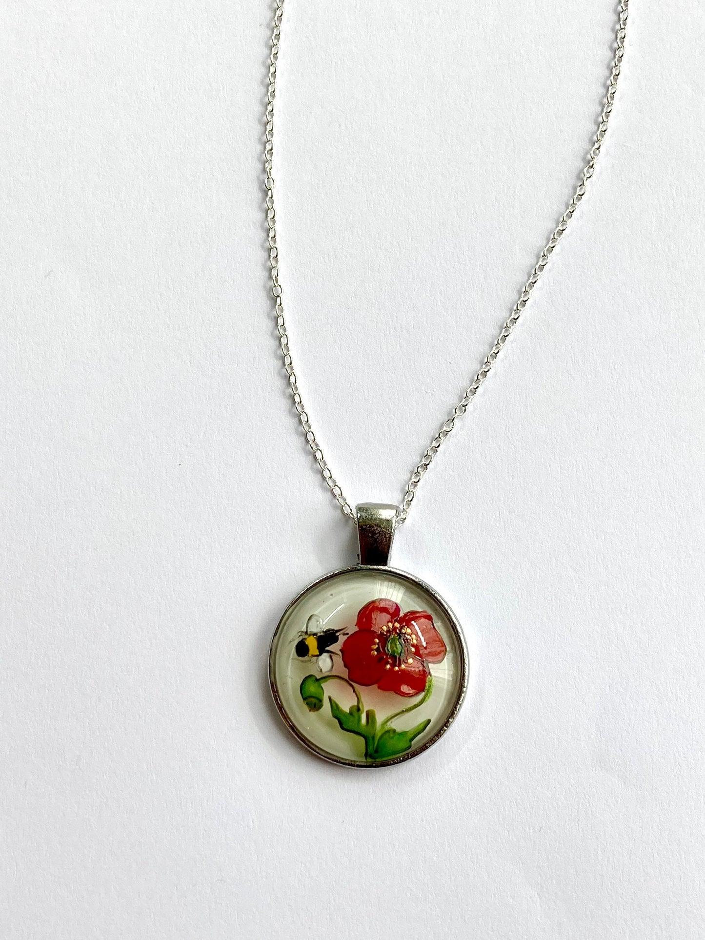 Poppy and Bee hand painted glass pendant necklace