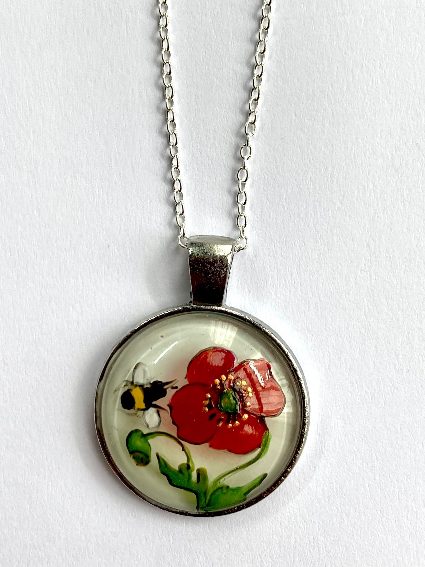 Poppy and Bee hand painted glass pendant necklace