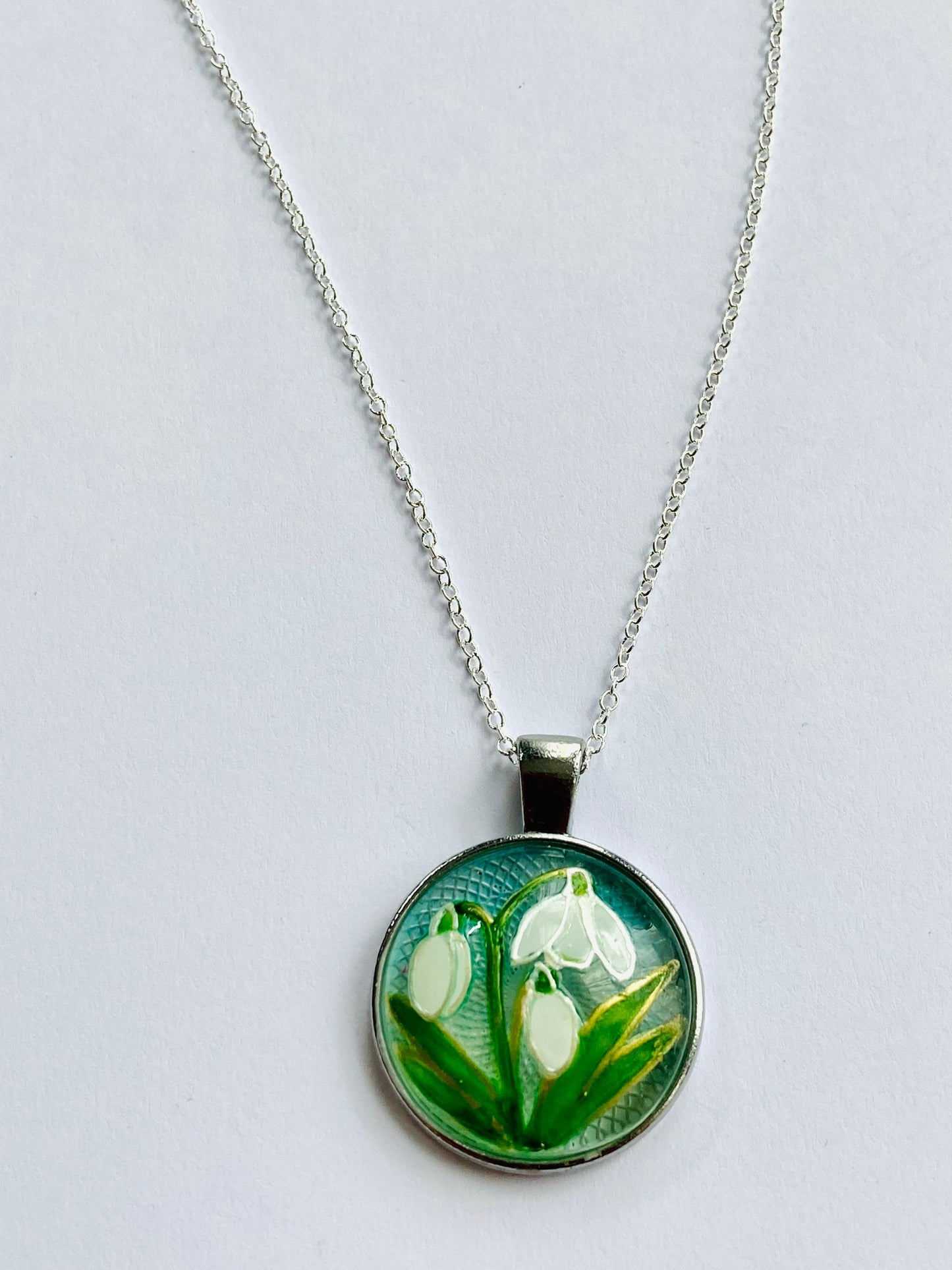 Snowdrops design hand painted glass pendant necklace