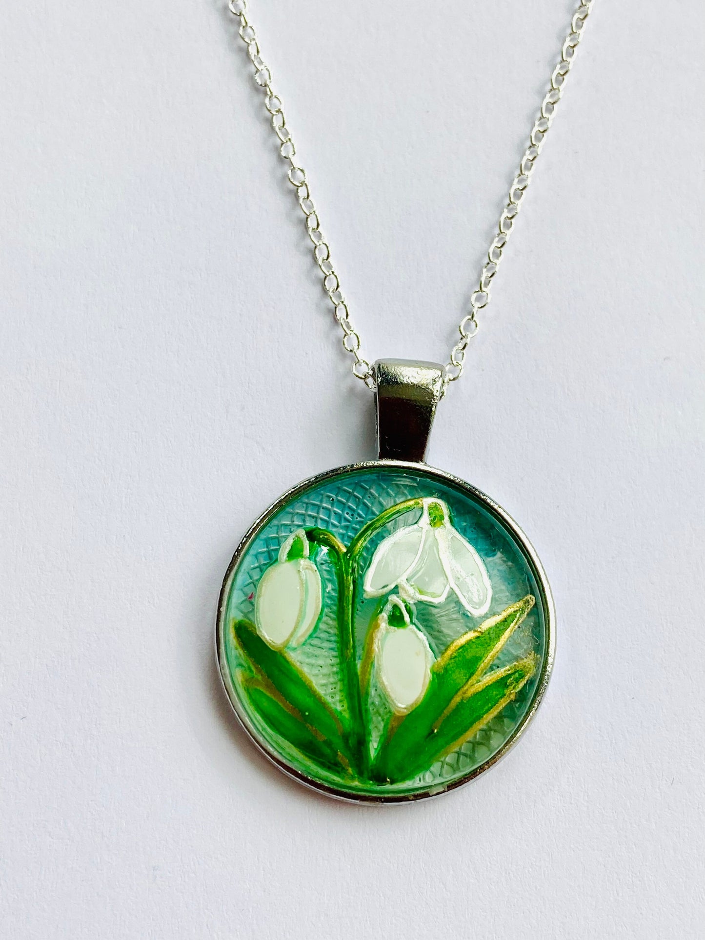 Snowdrops design hand painted glass pendant necklace