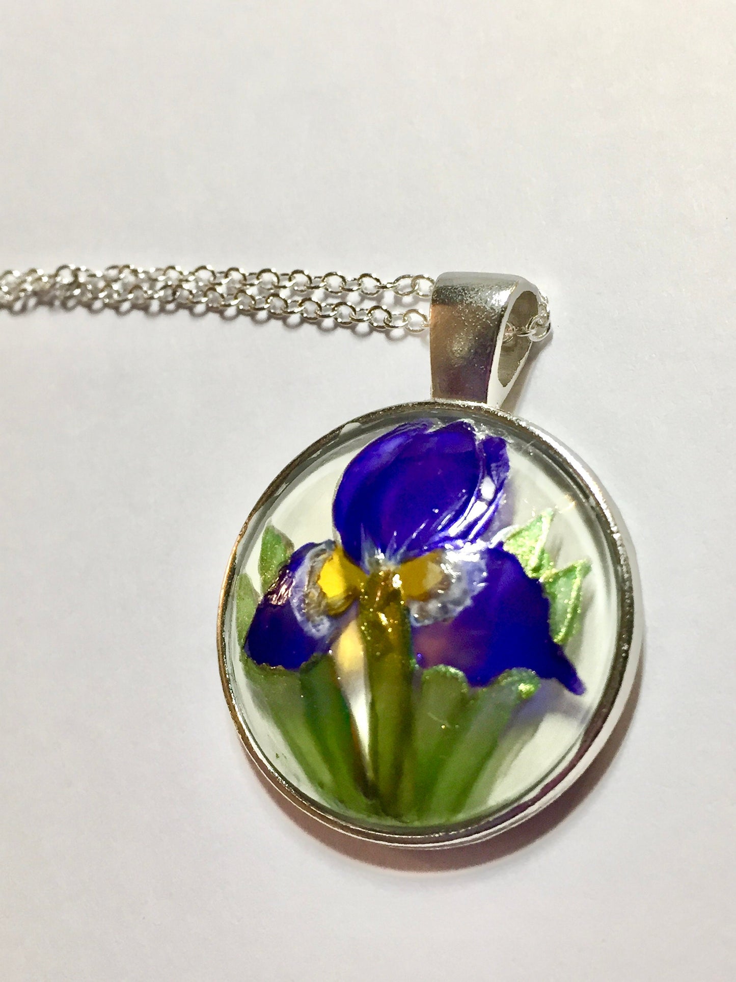 Iris hand painted glass pendant necklace