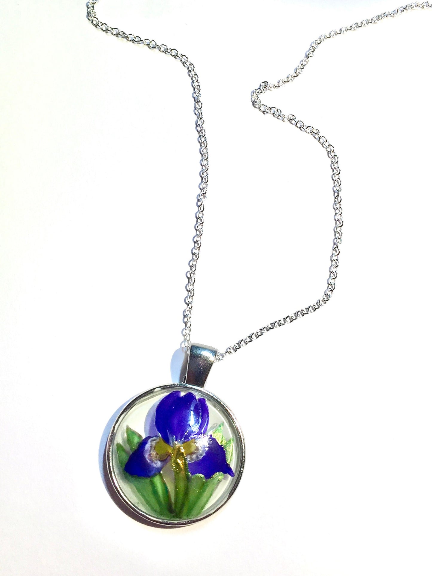 Iris hand painted glass pendant necklace