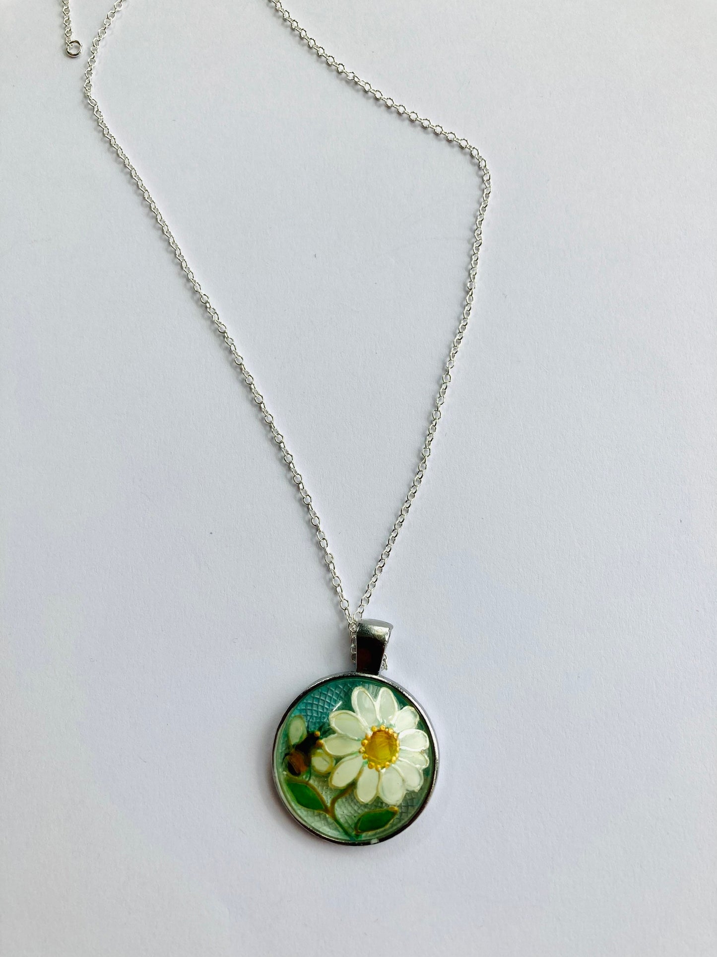 Daisy and Bee design hand painted glass pendant necklace