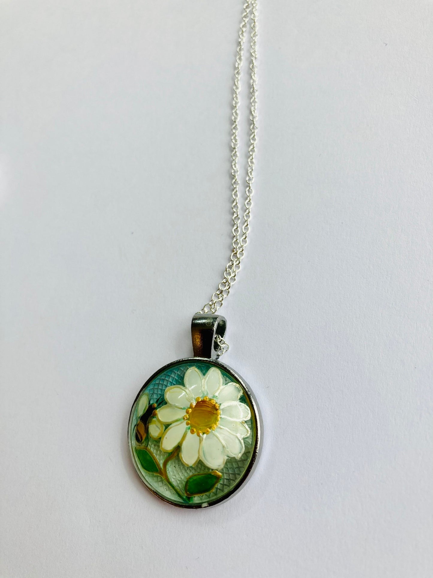 Daisy and Bee design hand painted glass pendant necklace