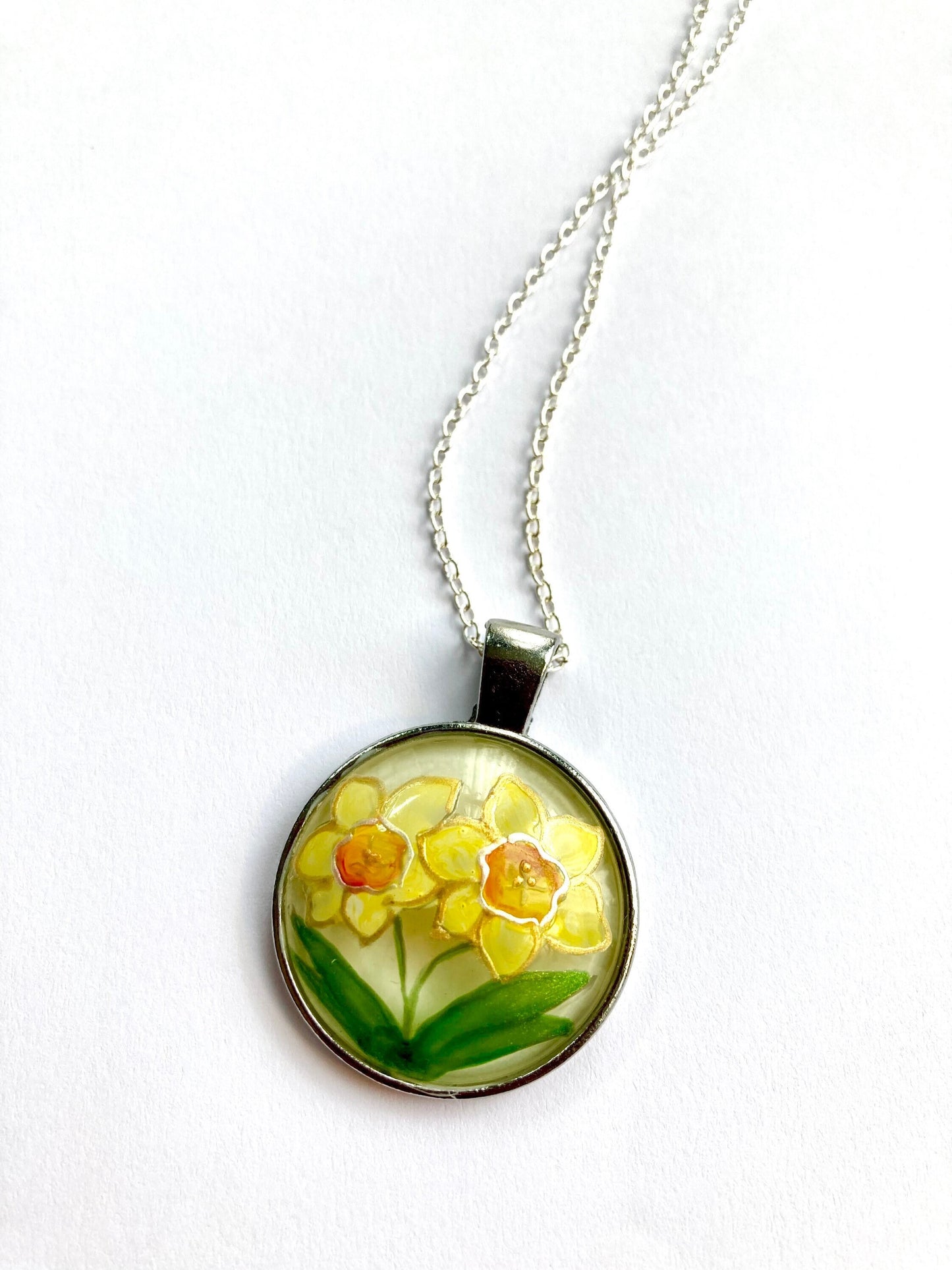 Daffodil design hand painted glass pendant necklace
