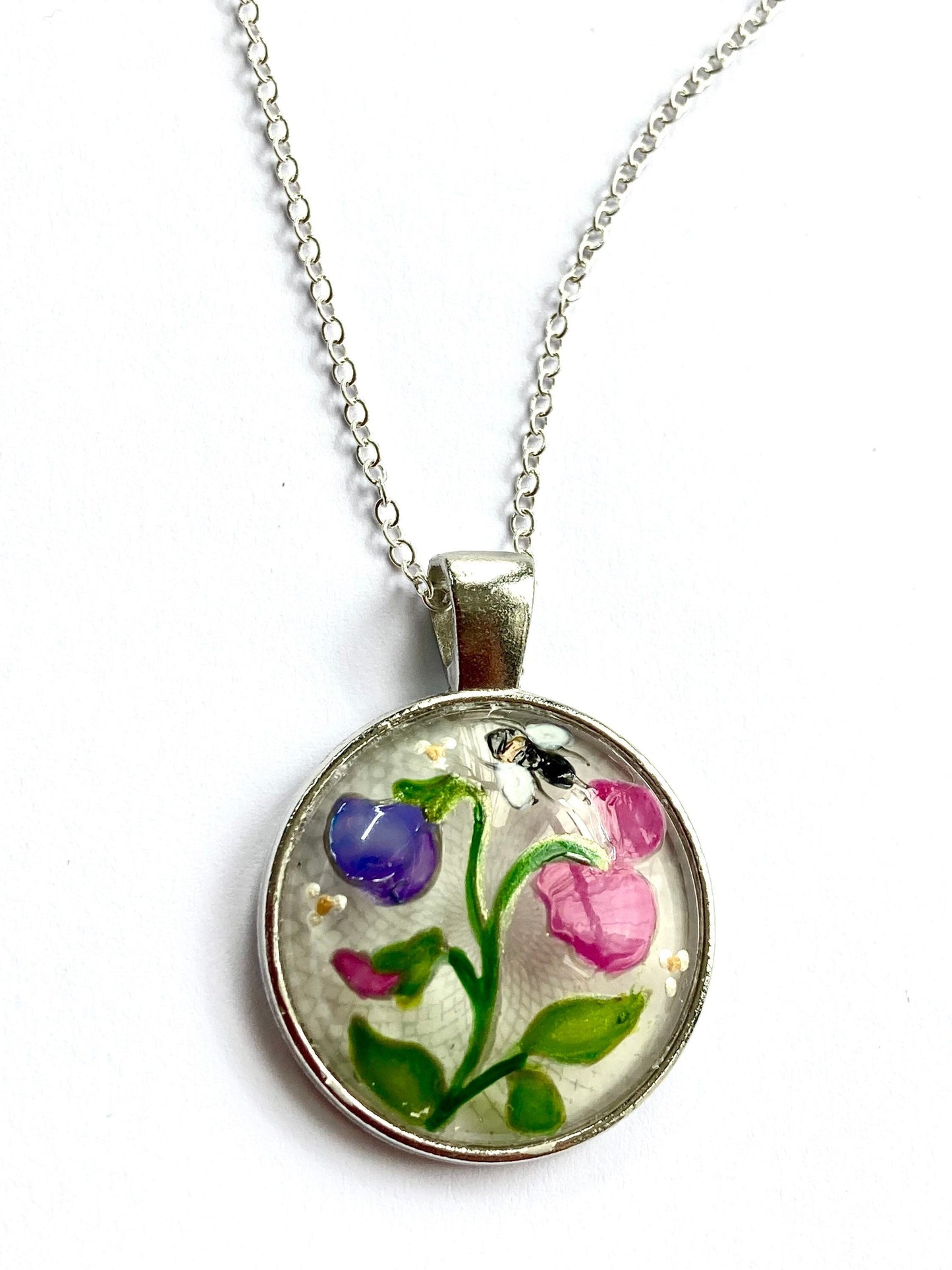 Sweet Pea and Bee hand painted glass pendant necklace