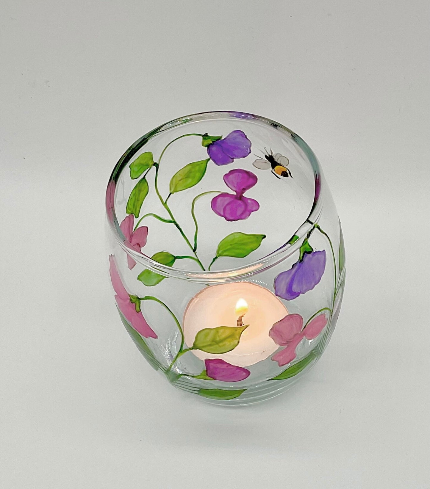 Sweet Peas and Bee design votive/candle holder