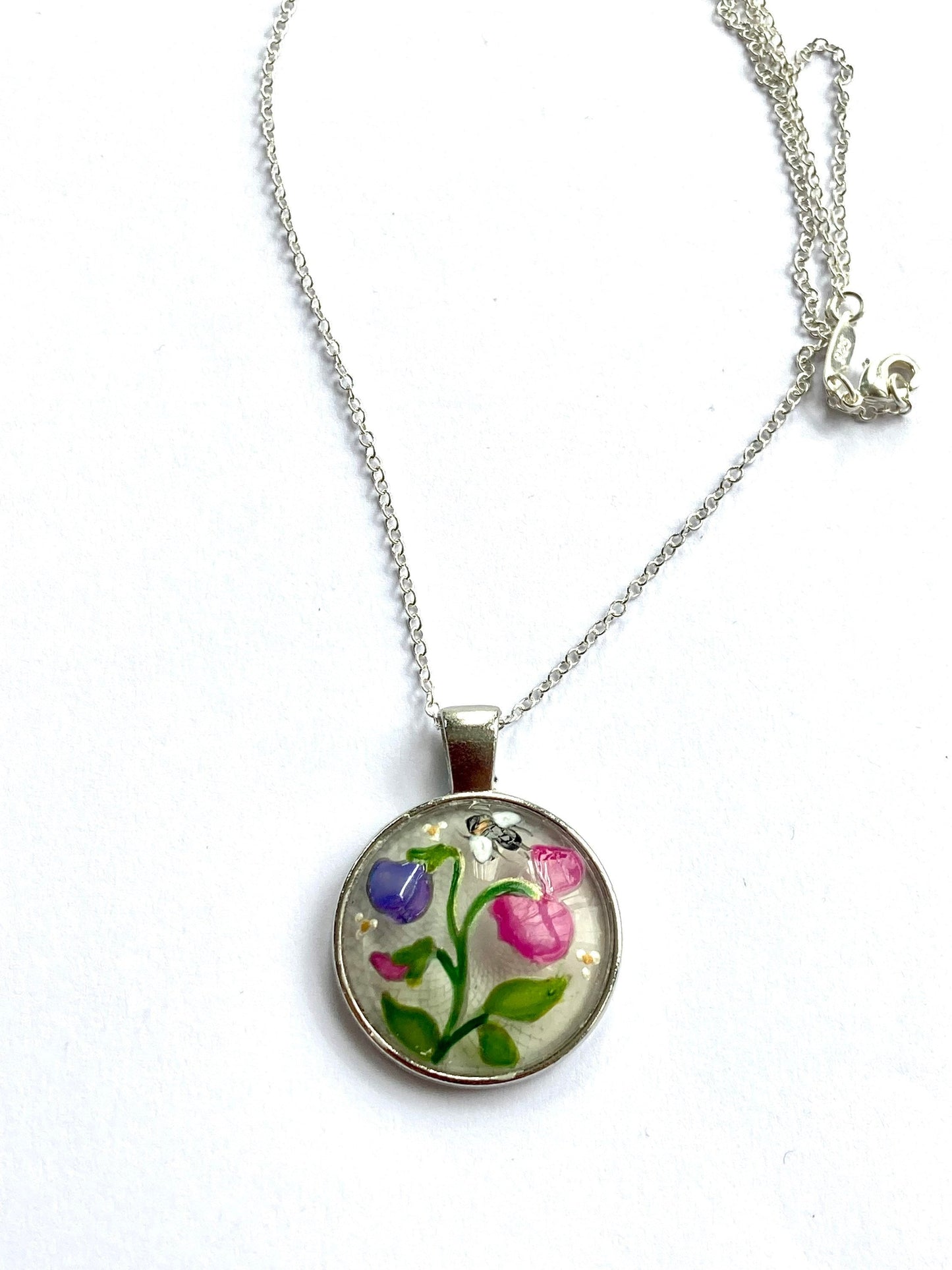 Sweet Pea and Bee hand painted glass pendant necklace