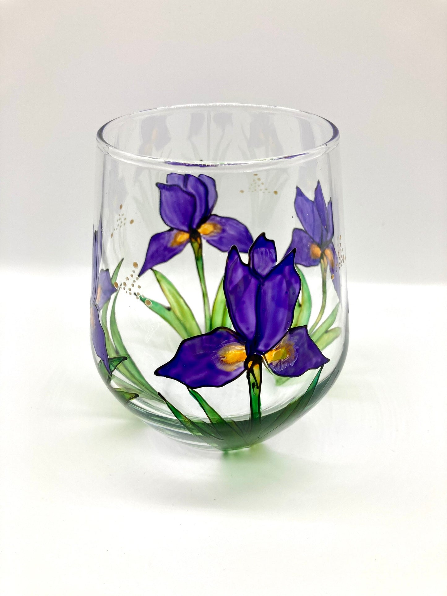Irises large stemless wine glass