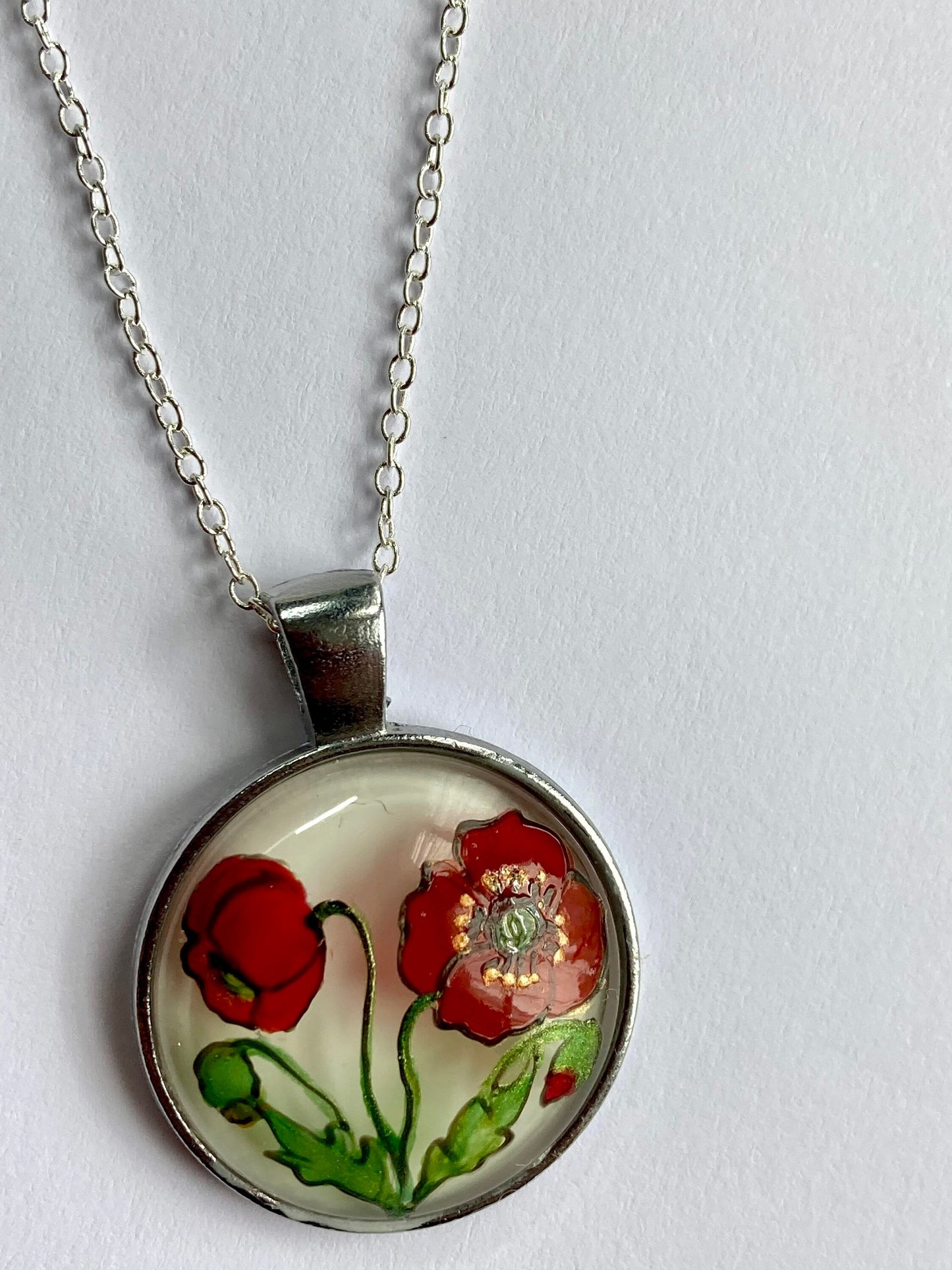 Poppy hand painted glass pendant necklace
