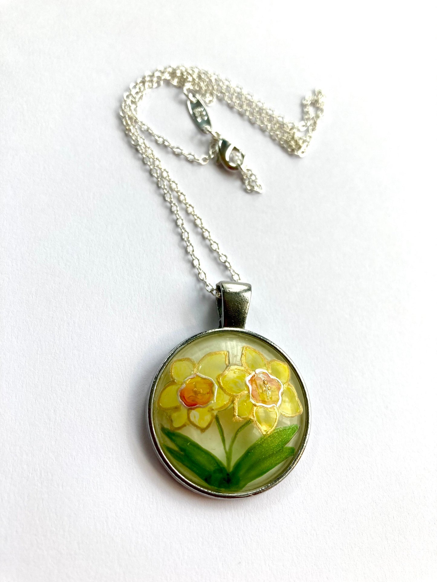 Daffodil design hand painted glass pendant necklace