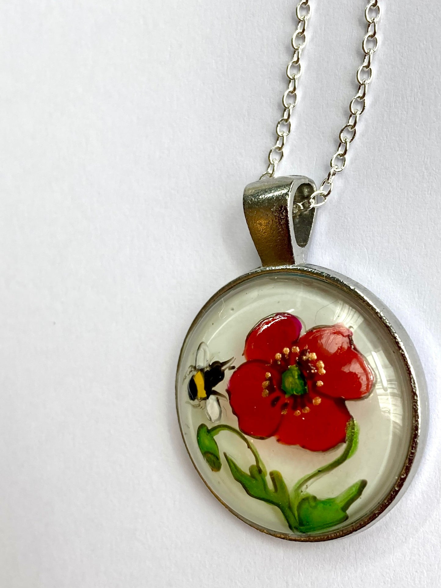 Poppy and Bee hand painted glass pendant necklace