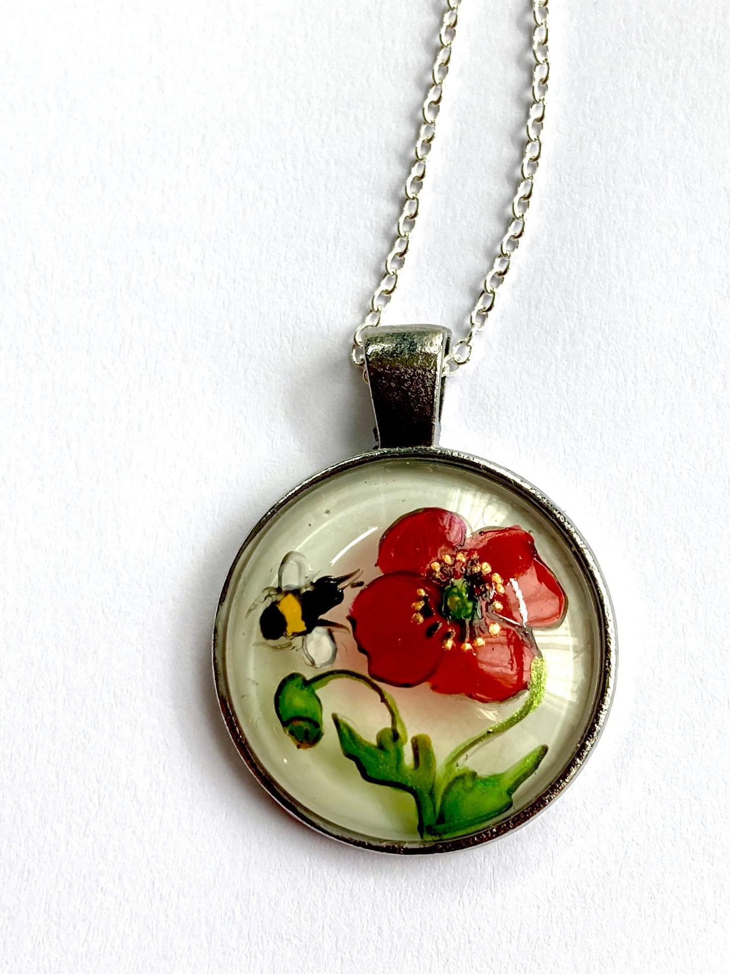 Poppy and Bee hand painted glass pendant necklace