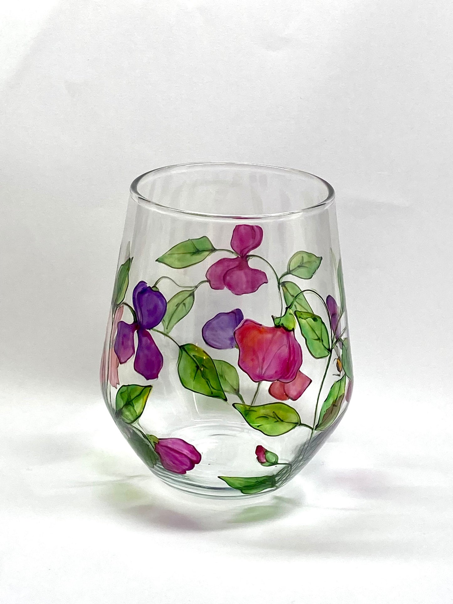 Sweet peas large stemless wine glass