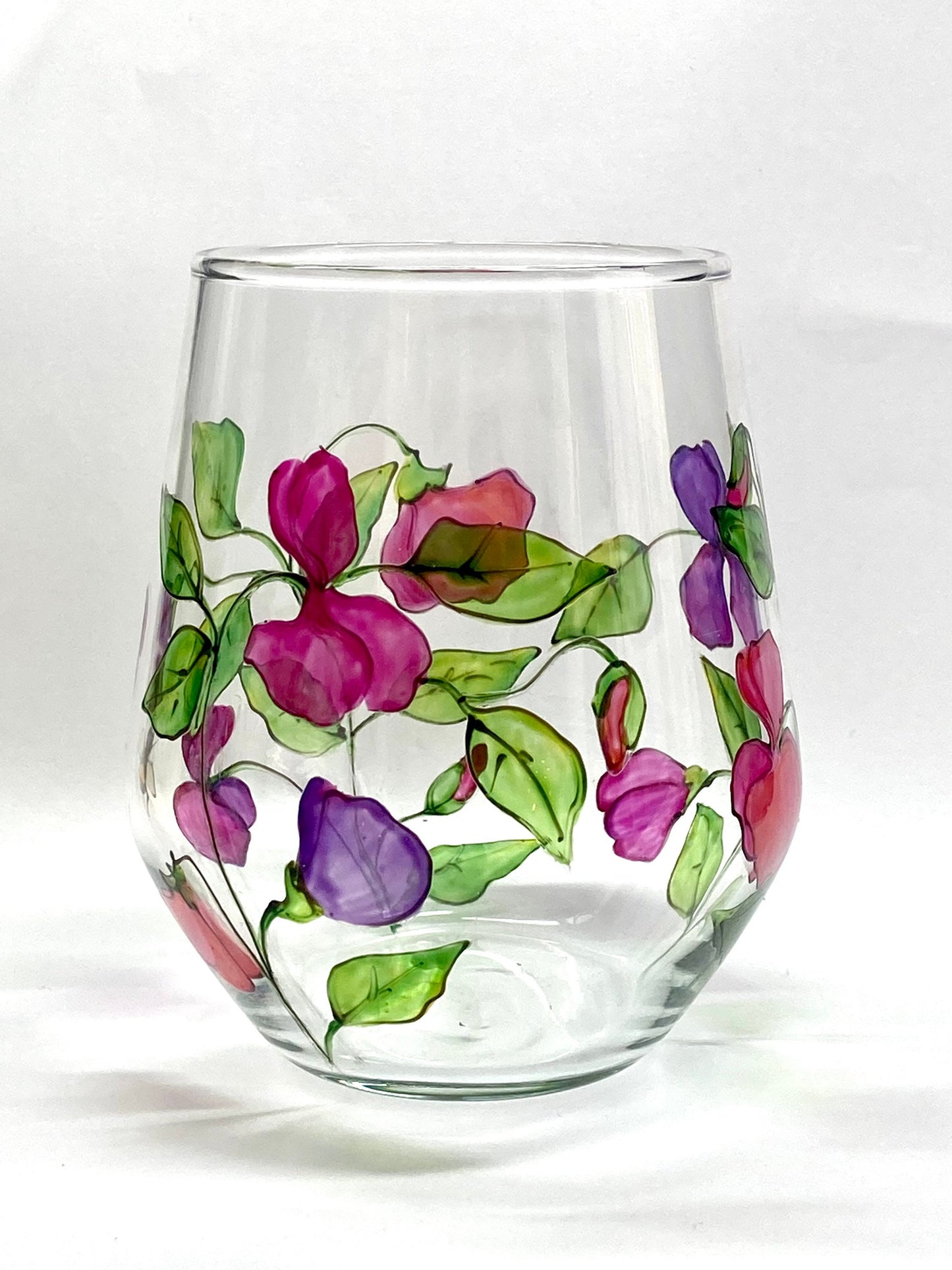 Sweet peas large stemless wine glass