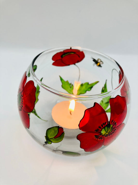 Poppies and Bee design bubble ball glass candle holder/vase